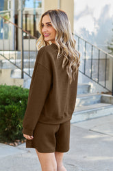 Women's Full Size Textured Long Sleeve Top and Drawstring Shorts Set - Trendy Two-Piece Loungewear